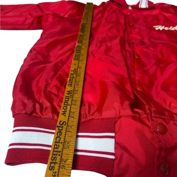 Vintage 80s Red Satin Bomber Jacket Bremen Pom Pons Cheerleader USA Made - Picture 10 of 15